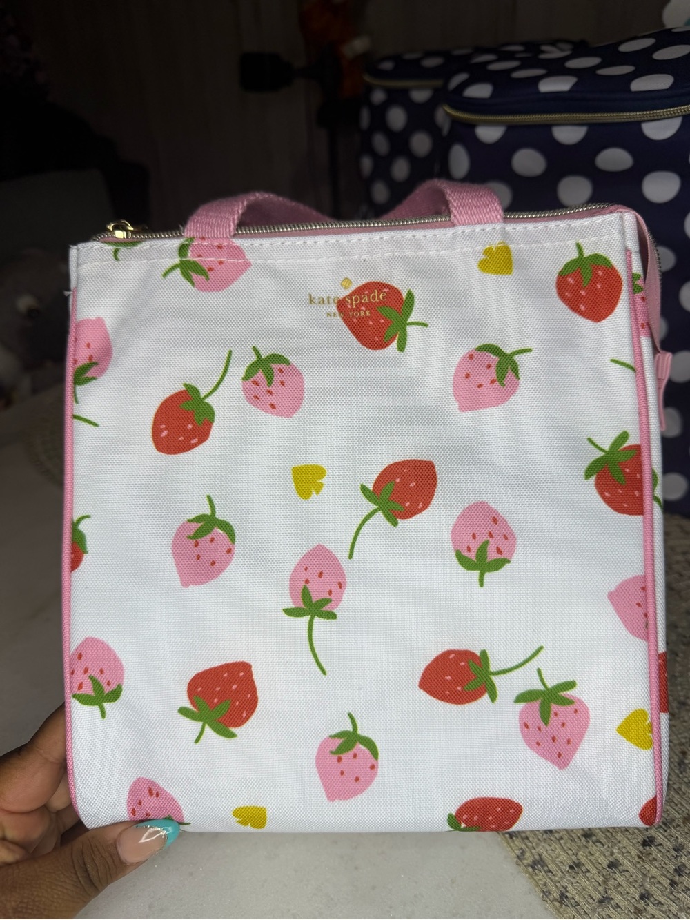 kate spade White Strawberries  Pattern Lunch Tote with Pink Trim